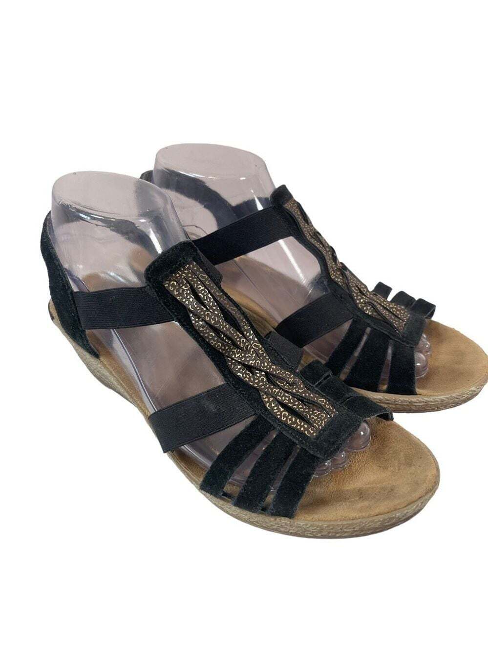 Rieker Schwarz Animal Print Wedge Sandals Womens 8 Black Comfortcore Summer
